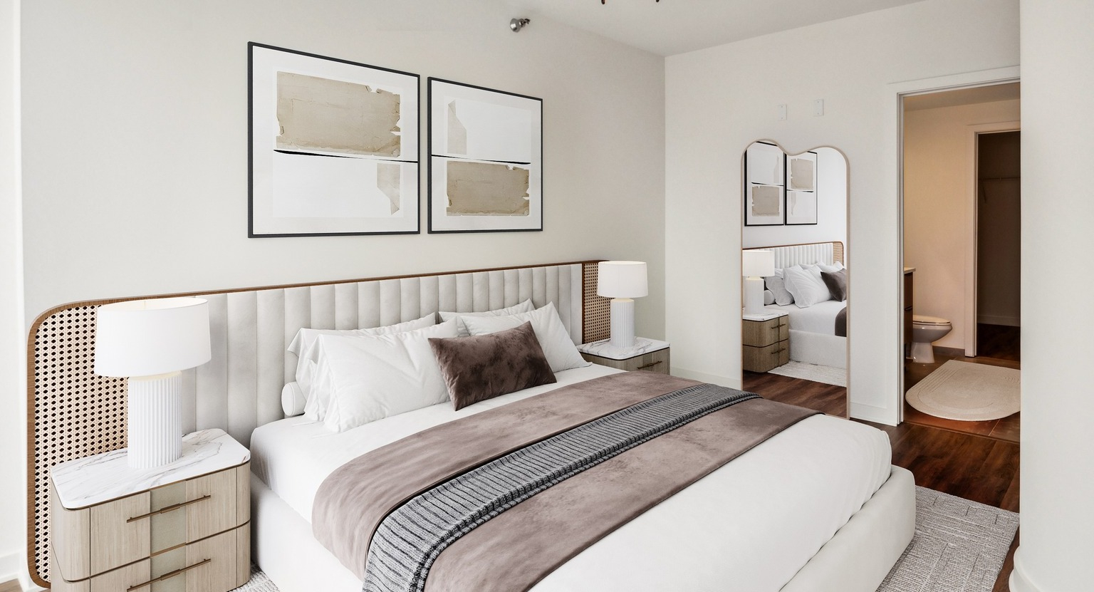 Env Chicago cozy bedroom with a modern bed frame, neutral tones, and ample natural light for a relaxing retreat