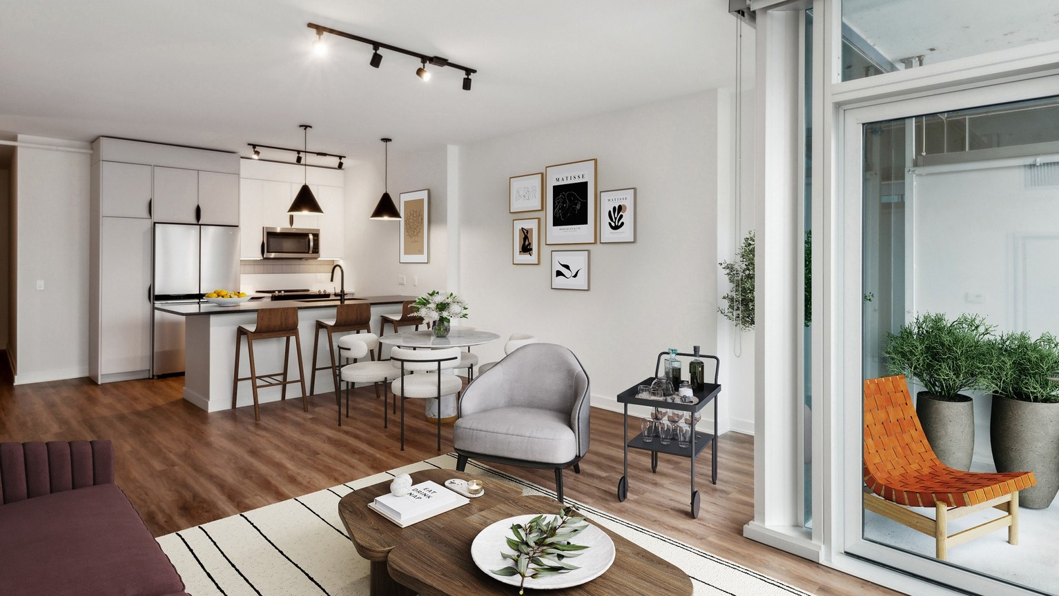 Env Chicago apartment featuring an open-concept living area with modern kitchen, dining space, and balcony access