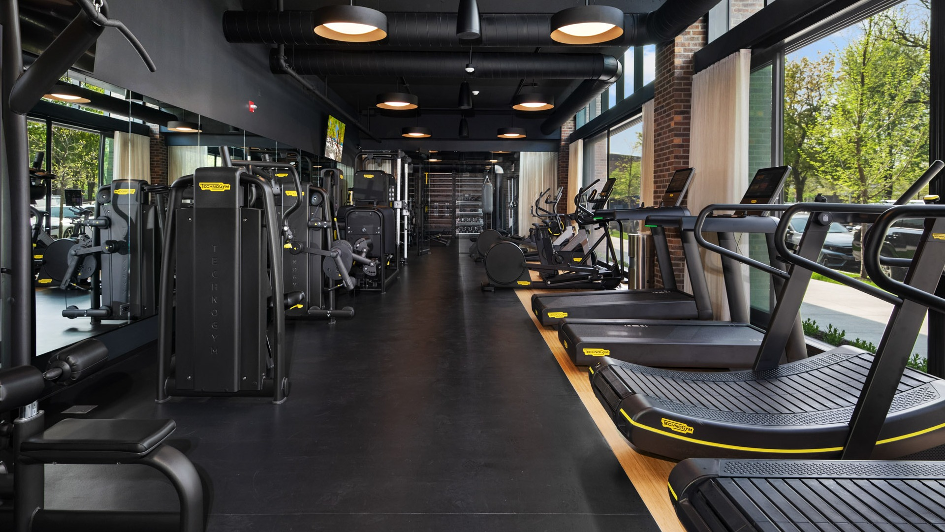 State-of-the-art cardio machines and strength equipment at Evo Union Park's gym in Chicago, with large windows overlooking greenery