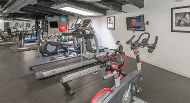 Comprehensive gym at Fisher Building Apartments in Chicago, featuring cardio machines, weight equipment, and ample space for workouts