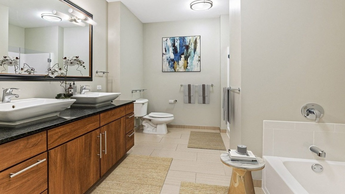 Luxurious apartment bathroom at Flair Tower Apartments in Chicago, featuring a double vanity with vessel sinks, a soaking tub, and modern decor