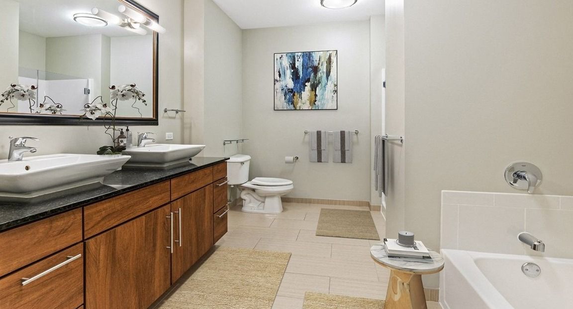 Luxurious apartment bathroom at Flair Tower Apartments in Chicago, featuring a double vanity with vessel sinks, a soaking tub, and modern decor