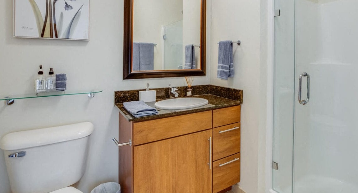 Contemporary apartment bathroom at Flair Tower Apartments in Chicago, featuring a single vanity, large mirror, and a glass walk-in shower
