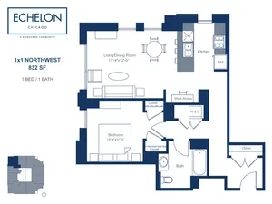 Unit 1x1 Northwest floor plan
