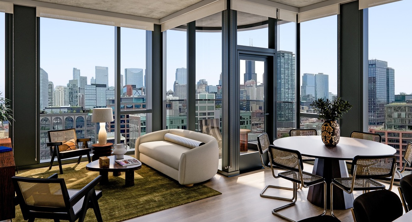 Modern apartment living and dining area at Flora in Chicago, featuring stylish furniture, a round dining table, and stunning city views