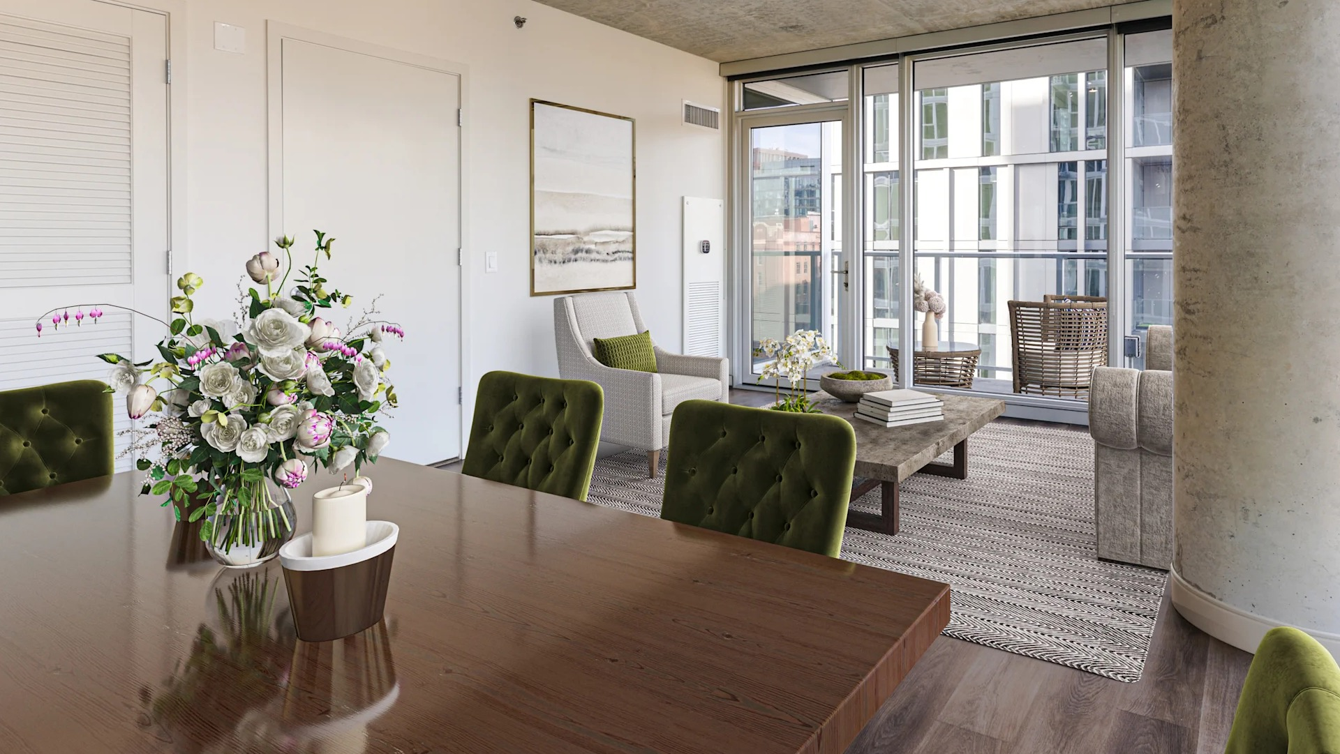 Elegant dining and living room area with large windows, city views, and sophisticated decor at Gateway West Loop apartments in Chicago