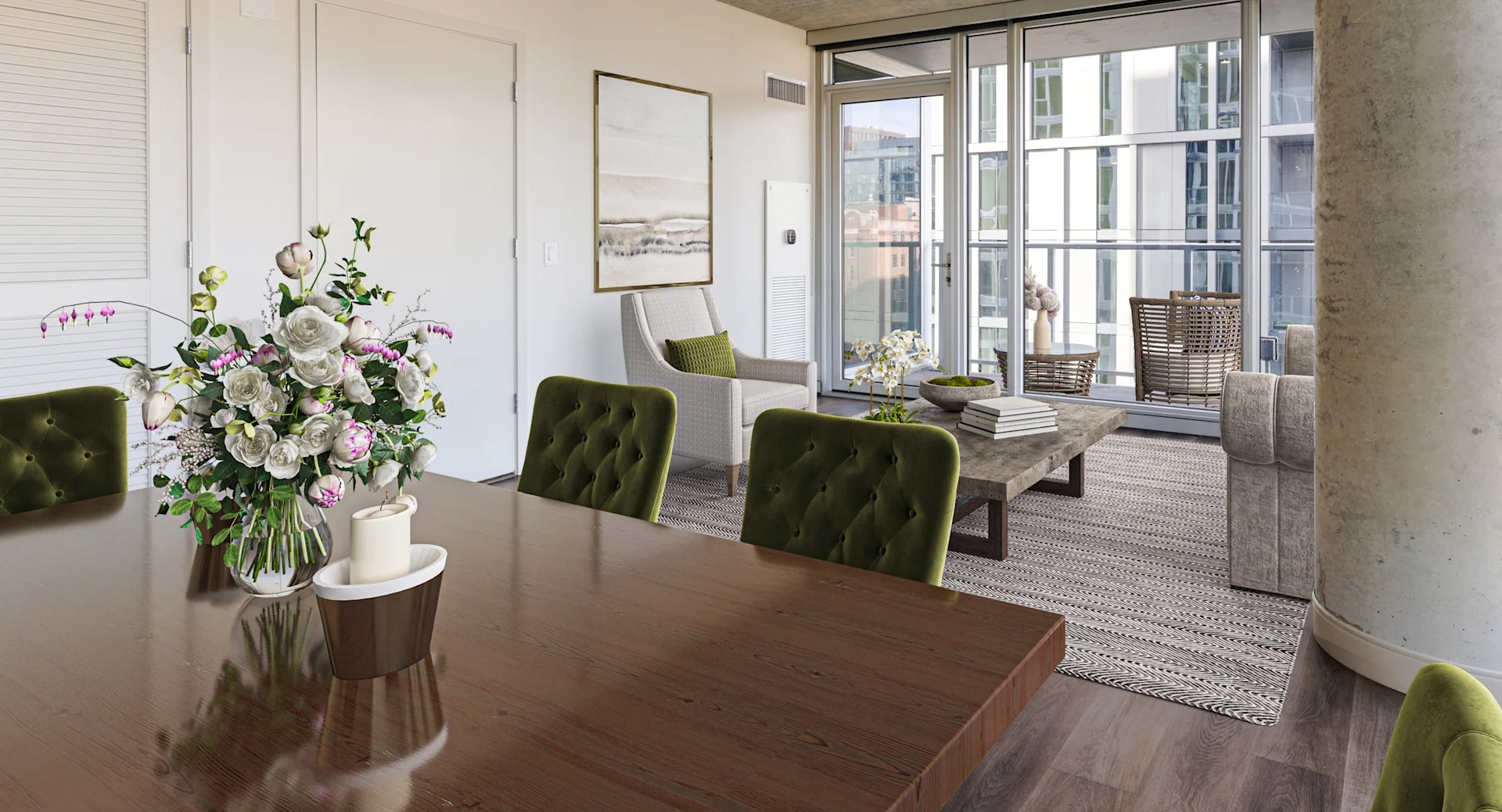 Elegant dining and living room area with large windows, city views, and sophisticated decor at Gateway West Loop apartments in Chicago