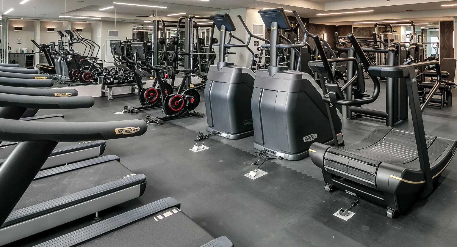 Expansive cardio fitness center at The Grand Central Apartments in Chicago, featuring treadmills, ellipticals, and modern exercise machines