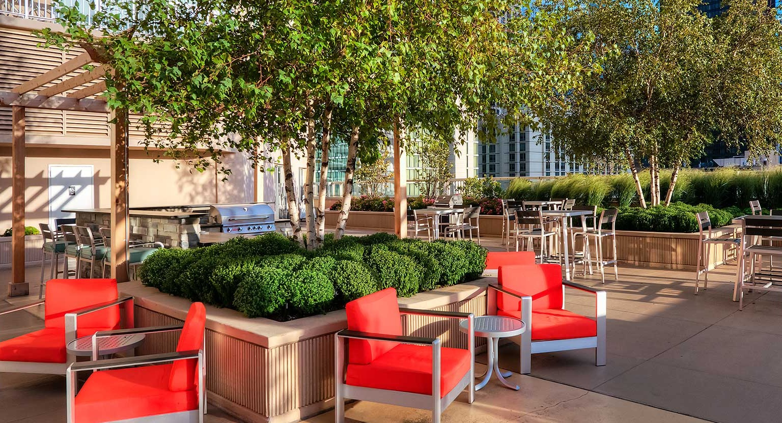 Green courtyard area with ample seating, trees, and outdoor grills, ideal for socializing at Grand Plaza apartments in Chicago