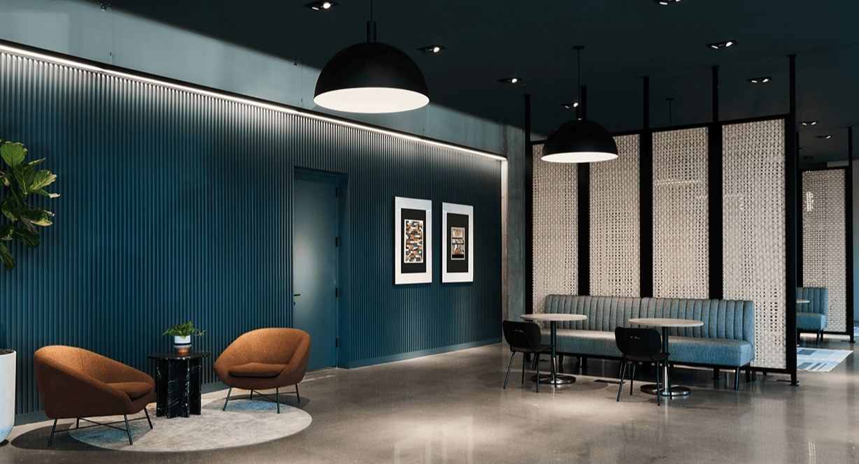 Stylish lobby and lounge area with modern seating, contemporary lighting, and elegant decor at Hugo Apartments River North, Chicago