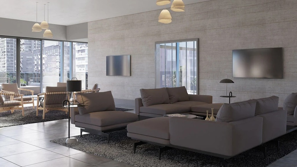 Expansive resident lounge with comfortable sofas, accent chairs, and elegant lighting, ideal for relaxation at Imprint apartments in Chicago