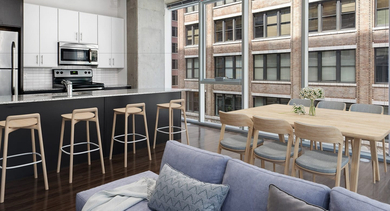 Contemporary kitchen with a breakfast bar and seating, open to the living area with large windows at JeffJack Apartments in Chicago