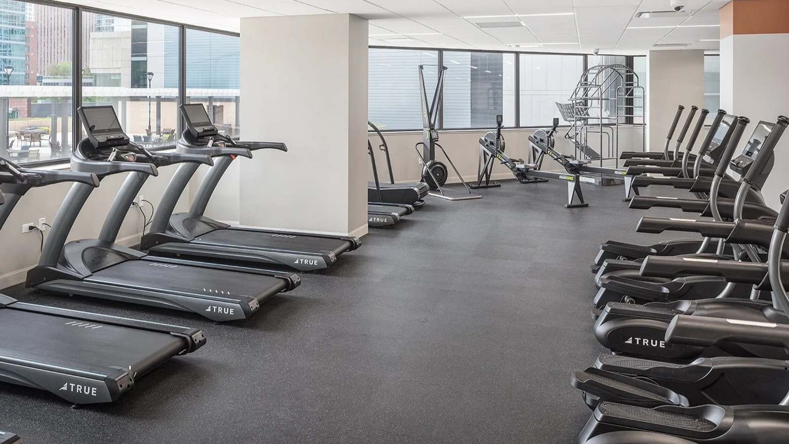 Modern fitness center equipped with numerous treadmills and elliptical machines, overlooking city views at Lake Shore Plaza Chicago