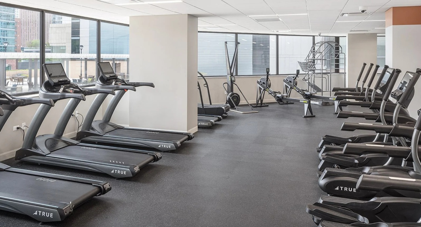 Modern fitness center equipped with numerous treadmills and elliptical machines, overlooking city views at Lake Shore Plaza Chicago