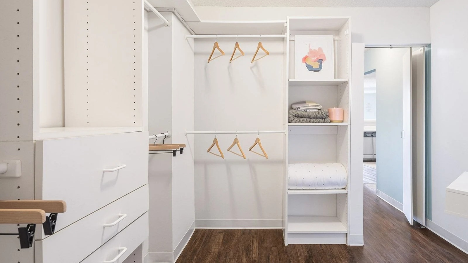 Spacious walk-in closet at Lake Shore Plaza in Chicago, featuring custom shelving and drawers for ample storage