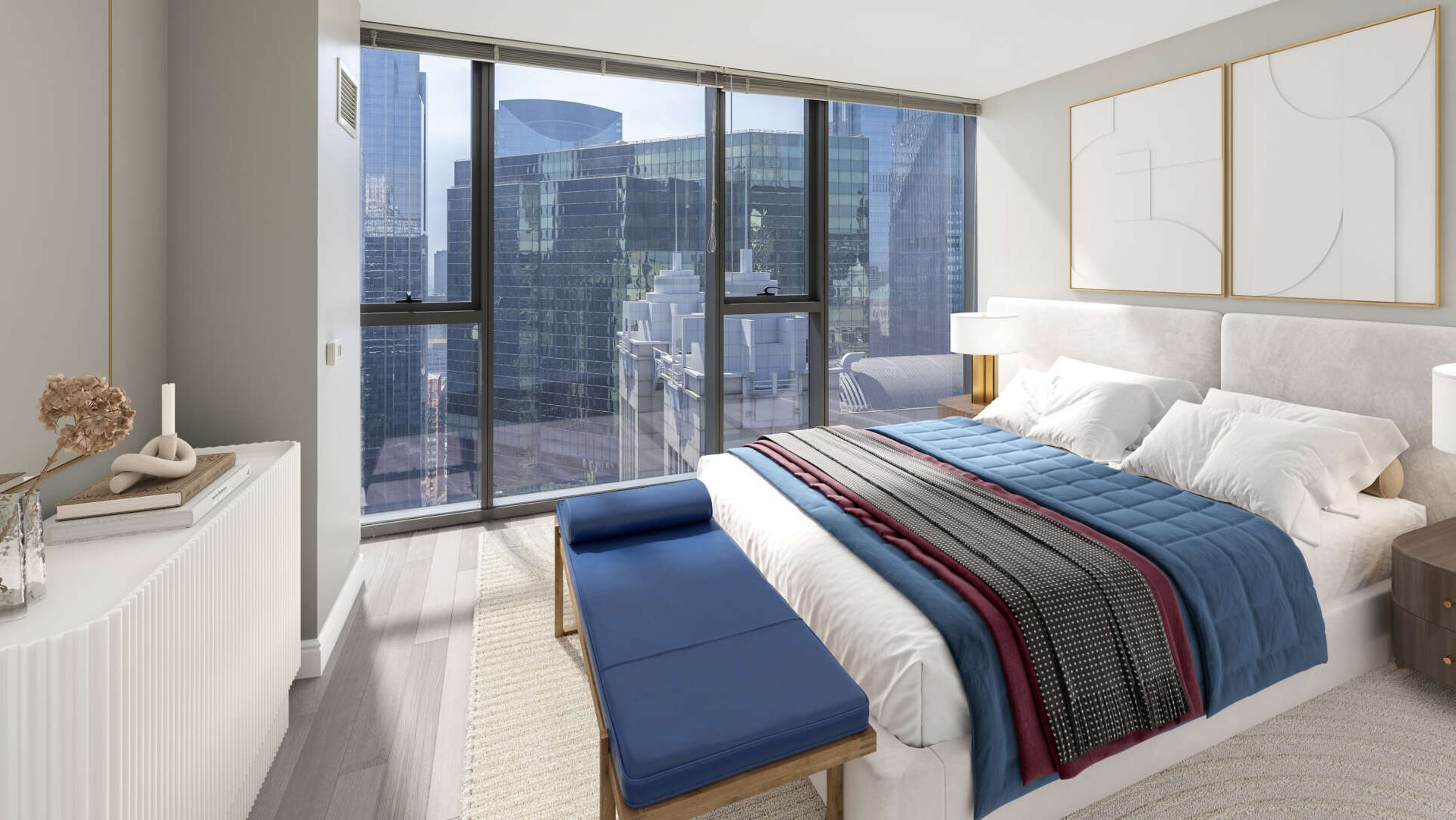 Modern bedroom at Lake & Wells with a comfortable bed, stylish decor, and expansive city views from large windows