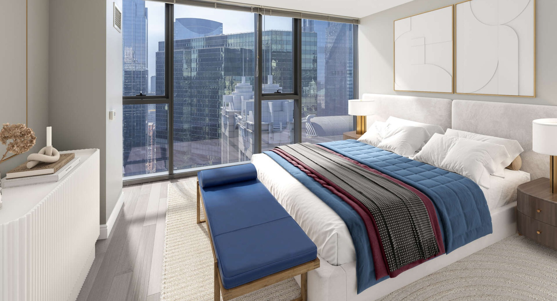 Modern bedroom at Lake & Wells with a comfortable bed, stylish decor, and expansive city views from large windows