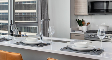 Modern kitchen with a large island for dining, high-end appliances, and panoramic city views at Left Bank apartments in Chicago