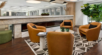 Stylish lounge space featuring a modern fireplace, comfortable seating, and an expansive mirror at Left Bank apartments in Chicago