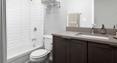 Contemporary bathroom at The Lofts at Gin Alley in Chicago, featuring a spacious vanity, large mirror, and a combined tub and shower