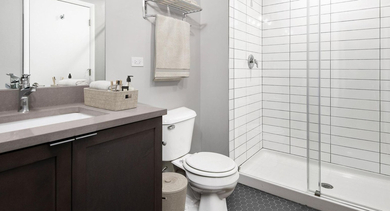 Sleek modern bathroom at The Lofts at Gin Alley in Chicago, featuring a stylish vanity and a spacious walk-in shower