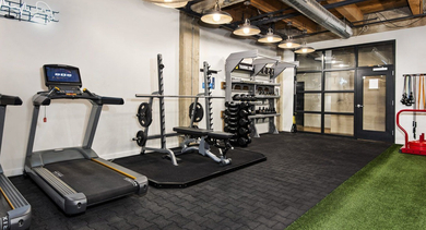 Modern fitness center at The Lofts at Gin Alley in Chicago, featuring treadmills, weightlifting equipment, and an artificial turf area