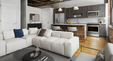 Spacious loft apartment at The Lofts at Gin Alley in Chicago, featuring an open-concept living room, modern kitchen, and industrial elements