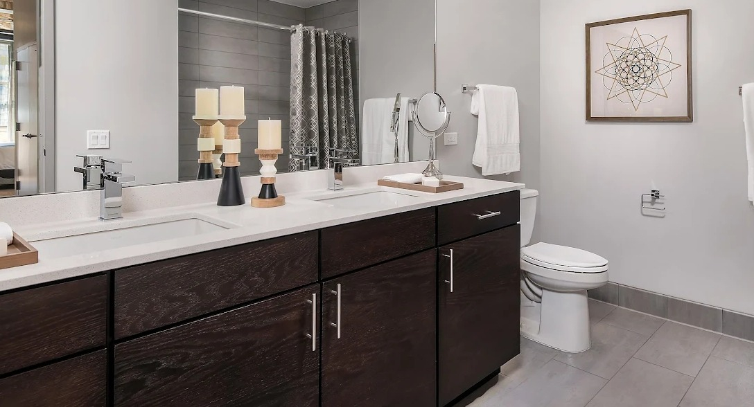 Spacious master bathroom with a double vanity, large mirror, elegant lighting, and a walk-in shower at Lofts at River East in Chicago