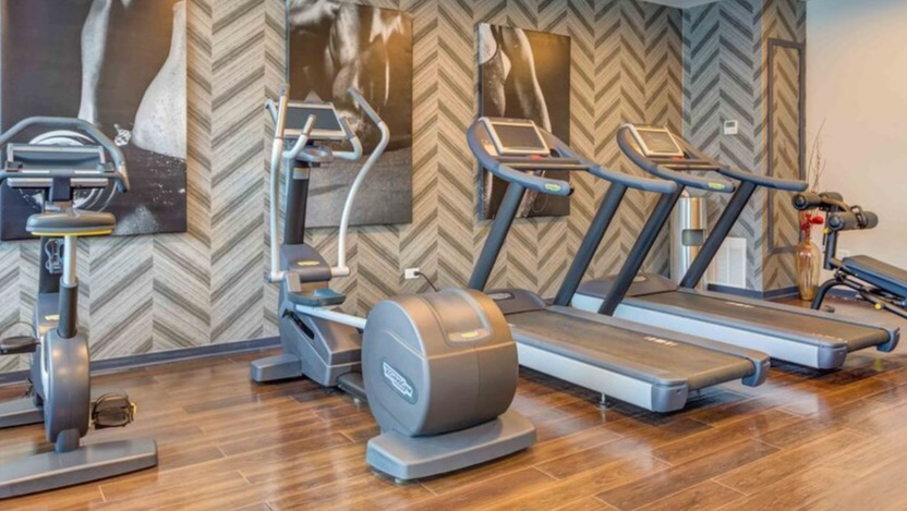 A modern gym area at Luxe on Chicago Apartments featuring treadmills, ellipticals, and exercise bikes for residents