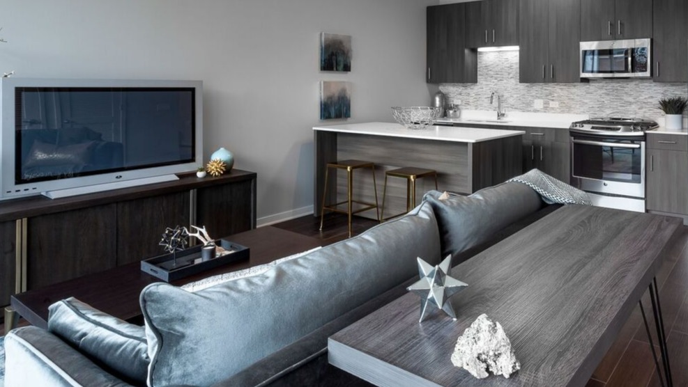 A stylish open kitchen and living room at Luxe on Chicago Apartments, featuring dark cabinetry and stainless steel appliances