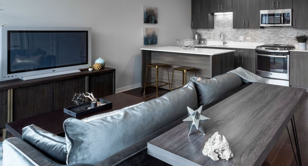 A stylish open kitchen and living room at Luxe on Chicago Apartments, featuring dark cabinetry and stainless steel appliances
