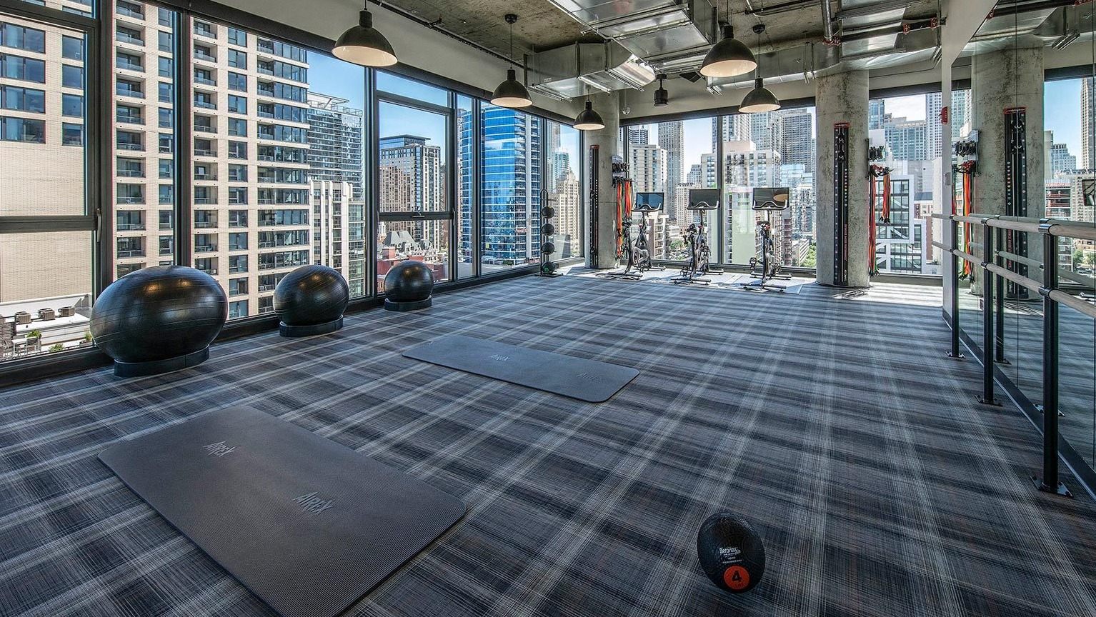 Spacious yoga and fitness studio with exercise balls, mats, and large windows providing abundant natural light and city views at Marlowe Apartments in Chicago