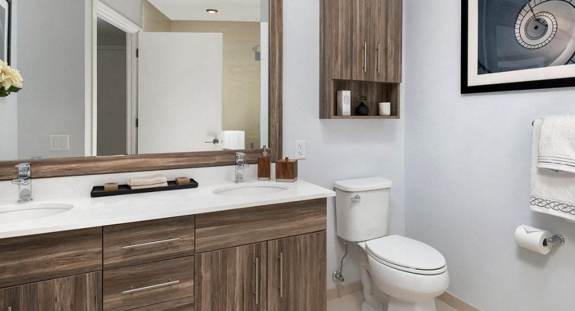 Modern bathroom featuring a double vanity with wood cabinets, a large mirror, and a framed spiral art piece at Moment Apartments in Chicago