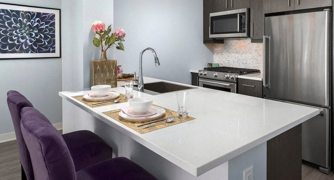Contemporary kitchen with dark wood cabinets, stainless steel appliances, and a breakfast bar with purple stools at Moment Apartments in Chicago