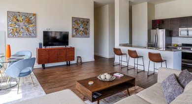 Bright studio apartment layout featuring a modern kitchen with a breakfast bar, living area, and dining space at Mondial River West in Chicago