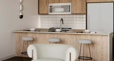 Sleek apartment kitchen at Nevele22 in Chicago, featuring a breakfast bar with modern stools, wood cabinetry, and essential appliances