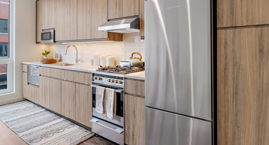 Modern apartment kitchen at Nevele22 in Chicago, equipped with stainless steel appliances, wood cabinetry, and ample counter space