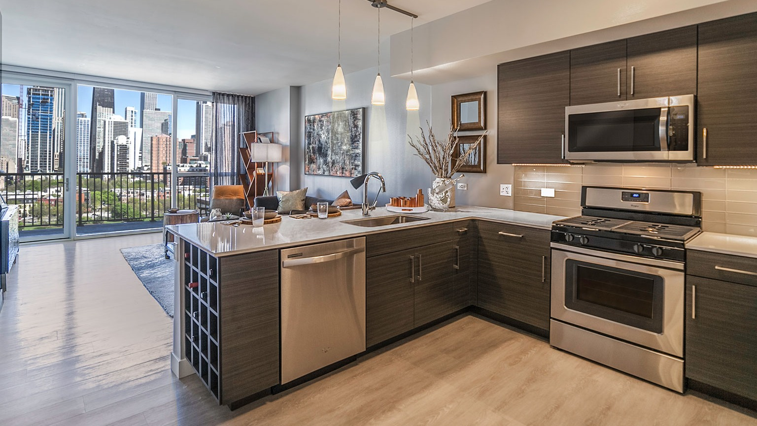 Spacious open-concept kitchen and living room at Niche 905 in Chicago, featuring dark cabinetry, modern appliances, and city views