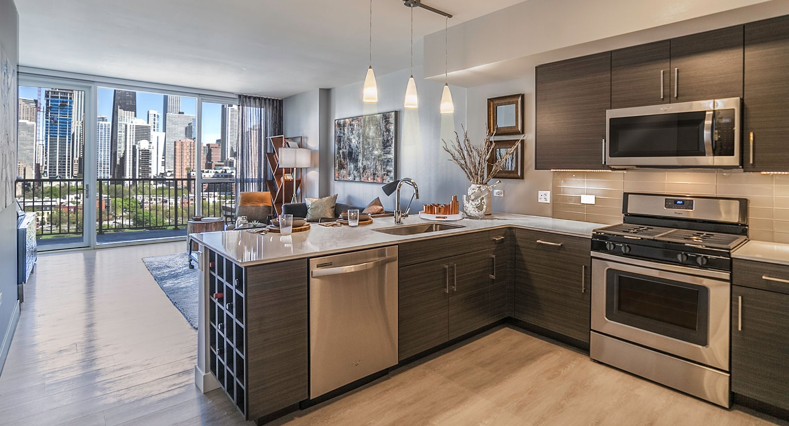 Spacious open-concept kitchen and living room at Niche 905 in Chicago, featuring dark cabinetry, modern appliances, and city views