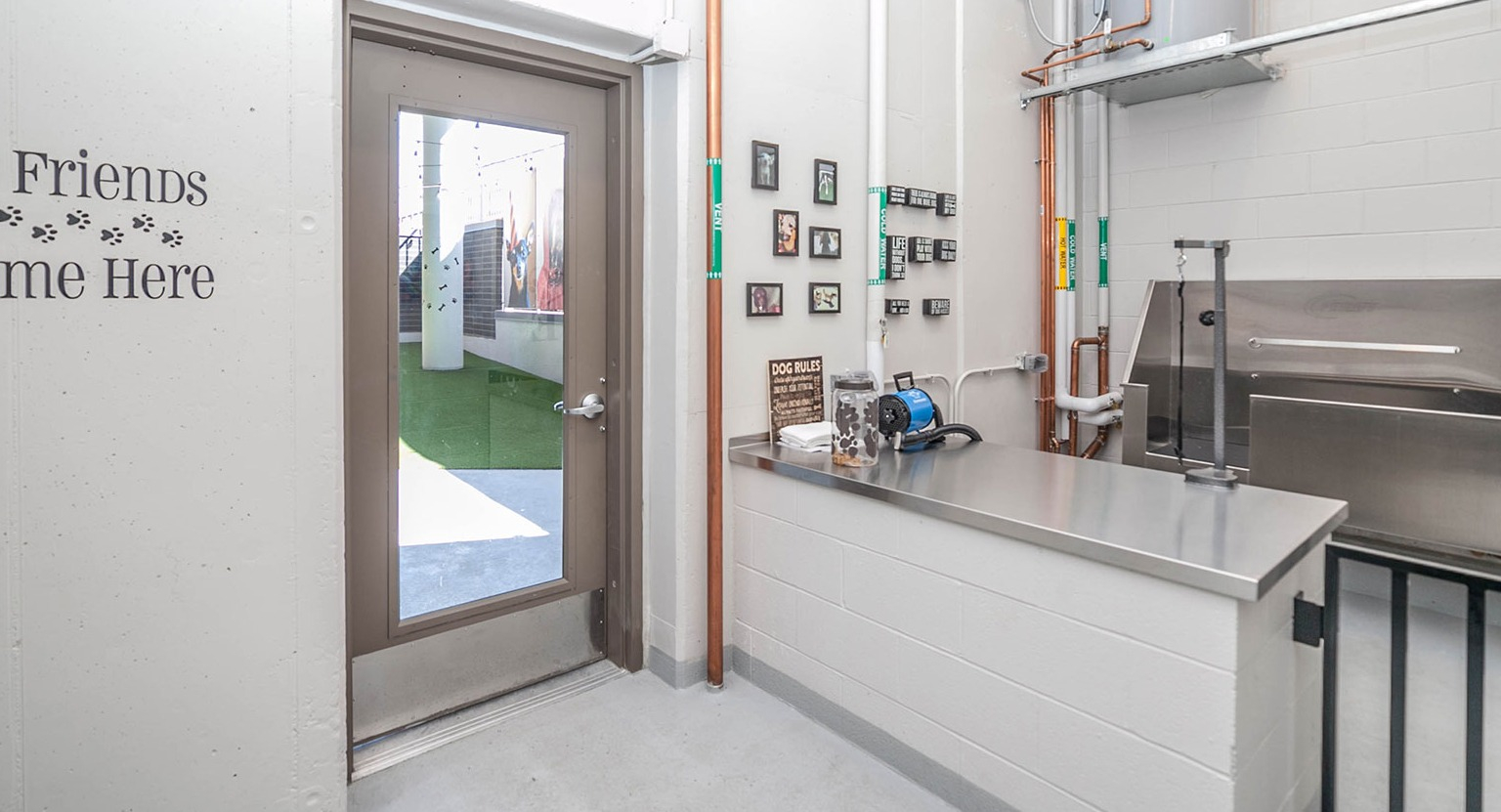 Convenient pet spa and dog wash station at Niche 905 in Chicago, featuring a large tub and grooming tools for furry friends