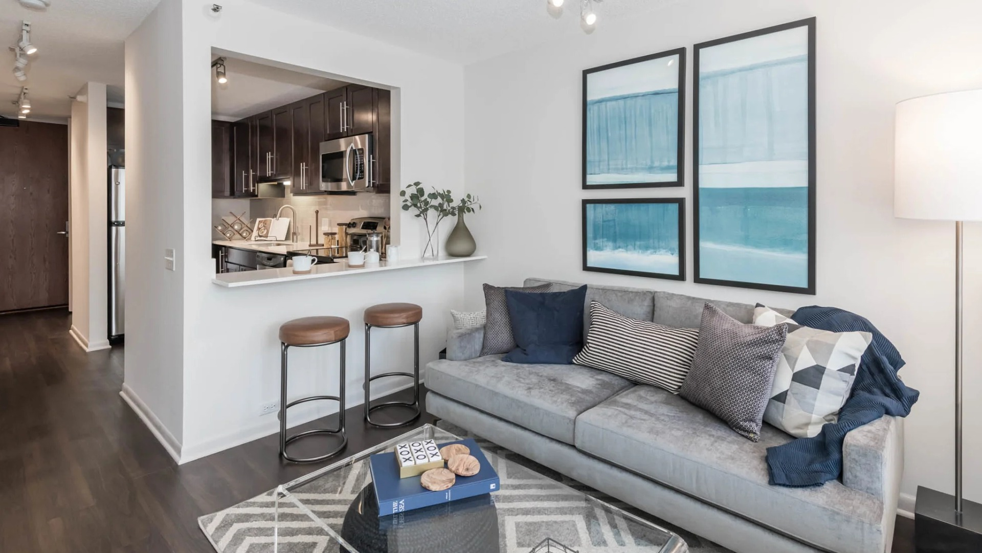 Contemporary living room with a gray sofa, gallery art, track lighting, and a pass-through to the open kitchen with bar seating at North Harbor Tower in Chicago
