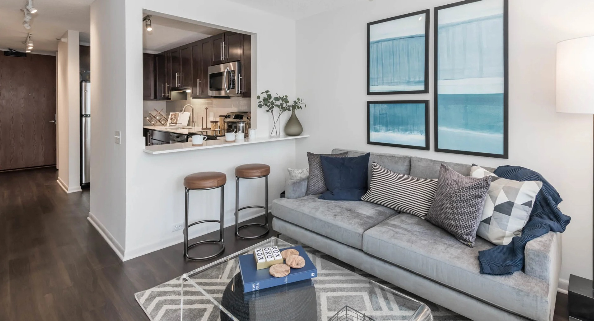 Contemporary living room with a gray sofa, gallery art, track lighting, and a pass-through to the open kitchen with bar seating at North Harbor Tower in Chicago