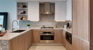 Modern kitchen with U-shaped granite countertops, light wood cabinetry, and stainless steel appliances at OLD TOWN PARK ONE in Chicago