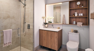 Contemporary bathroom with a spacious glass shower, wood vanity, illuminated mirror, and open shelving at OLD TOWN PARK THREE in Chicago