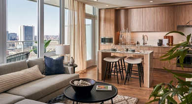 Modern open-concept living room and kitchen with wood cabinetry, comfortable sofa, and dining island at OLD TOWN PARK THREE in Chicago