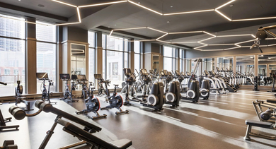 Expansive fitness center at One Bennett Park Apartments in Chicago, featuring a wide array of cardio and strength training equipment