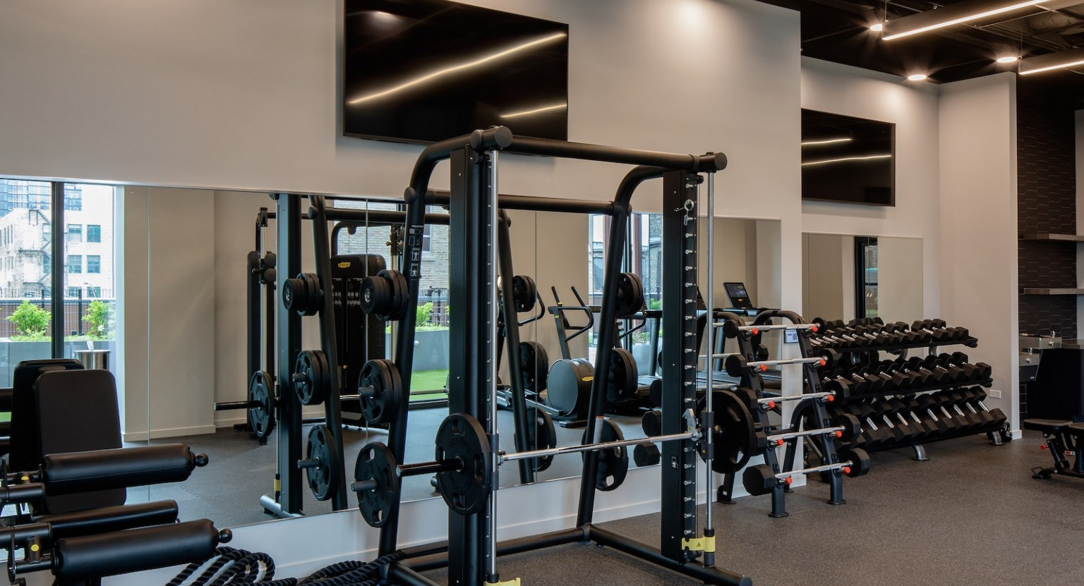 Dedicated strength training area in the gym with racks, benches, and a wide selection of free weights at One Six Six