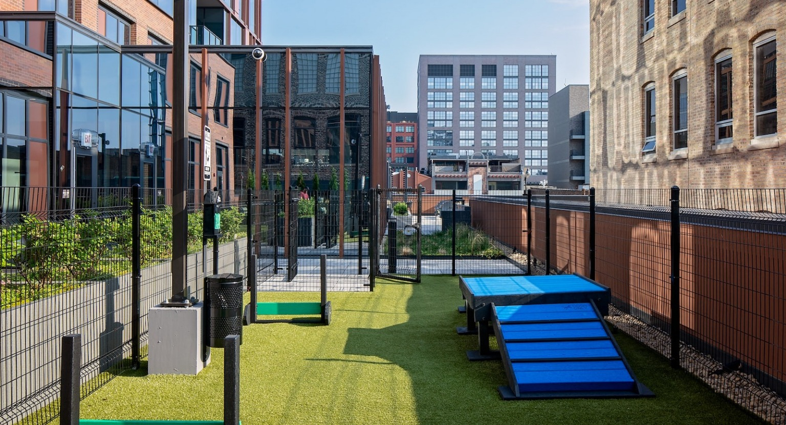 Outdoor pet park with artificial turf, agility equipment, and secure fencing, perfect for pets at One Six Six