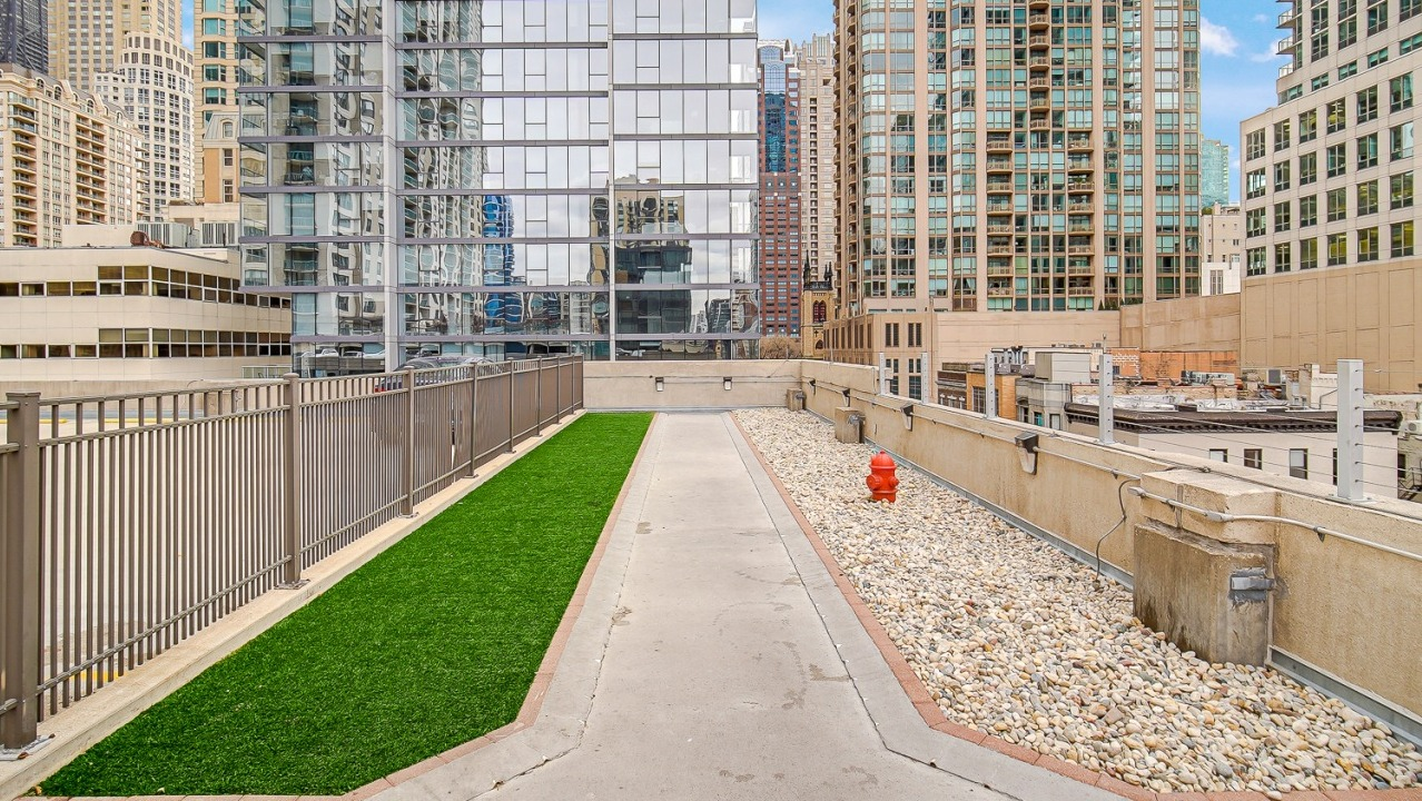Outdoor dog run with artificial turf and skyline views at One Superior Place apartments in Chicago