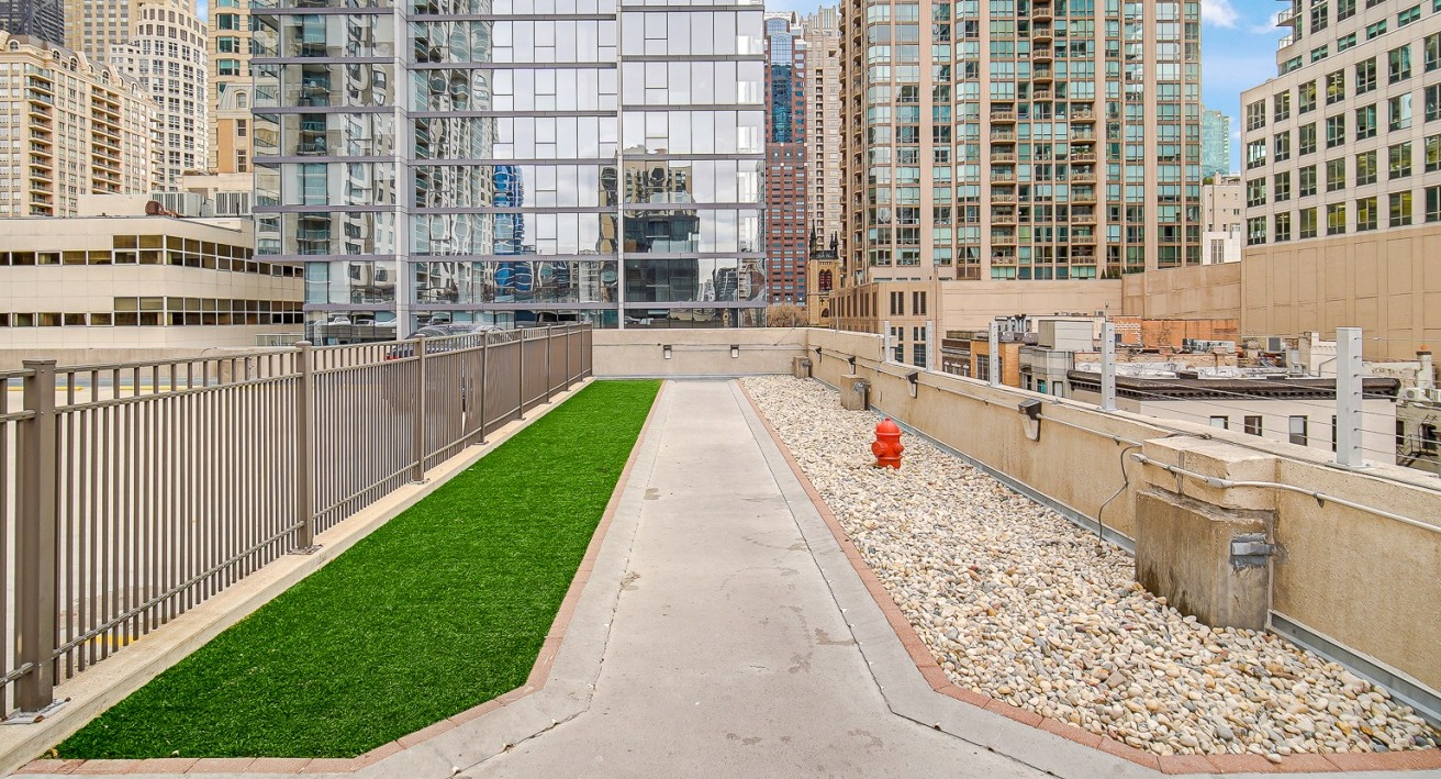 Outdoor dog run with artificial turf and skyline views at One Superior Place apartments in Chicago
